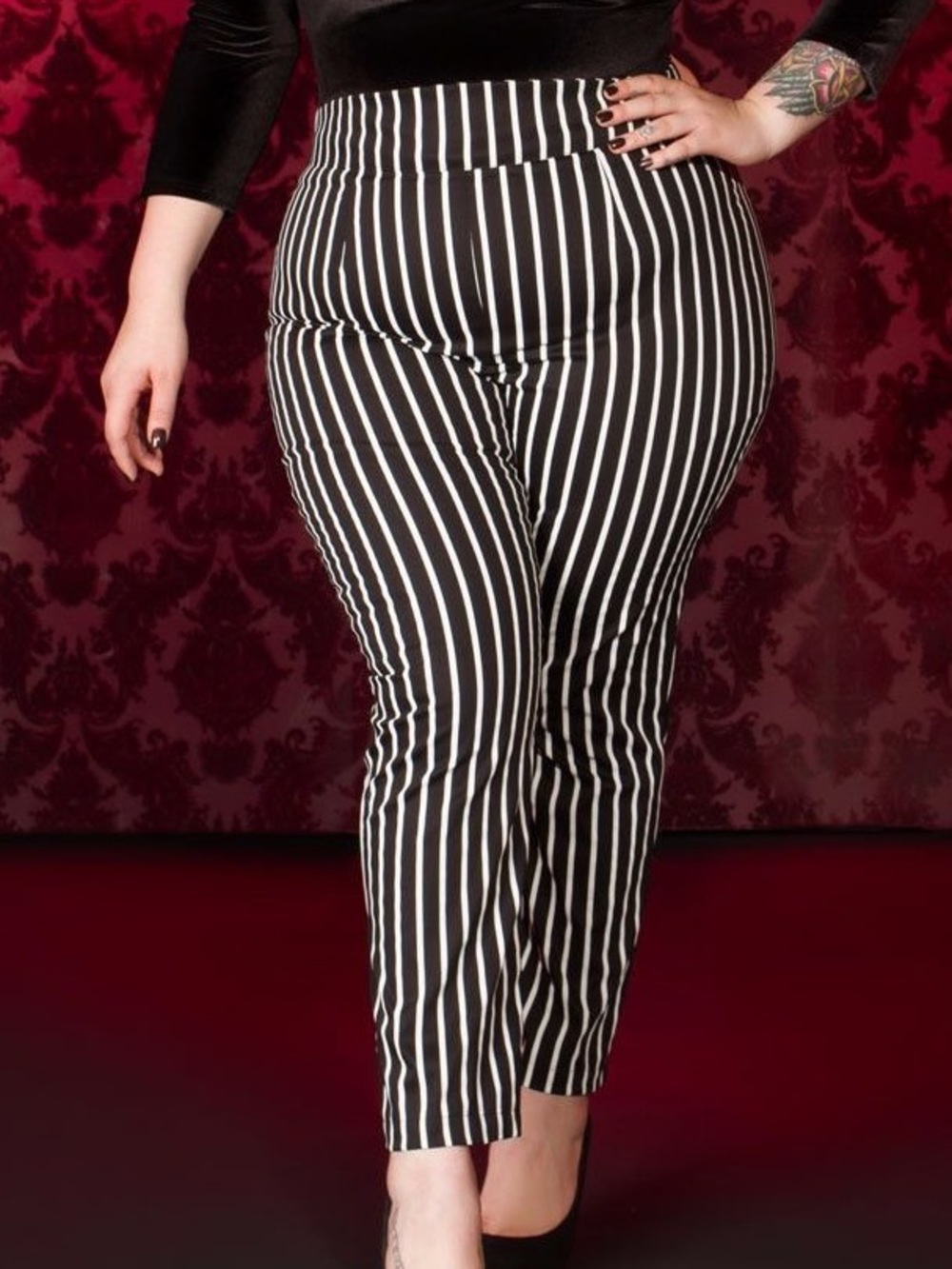 Pinup Couture Black & White Victorian Stripe High-Waist Cigarette Pants